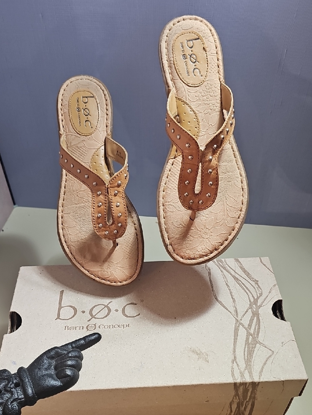 b.o.c. Tan Studded Thong Sandals with Embossed Footbed
